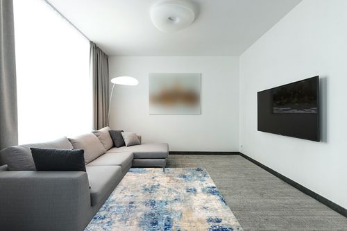 Lahome Modern Abstract 5x7 Blue Machine Washable Area Rug, Soft Bedroom Rug Non Slip Living Room Rug,Stain Resistance Dining Room Mat Carpet for Nursery Office Couch Entrance Kitchen in Modern Living Room with Grey Couch