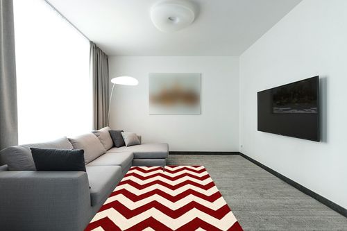 SAFAVIEH Chatham Collection Area Rug - 5' x 8', Red & Ivory, Handmade Chevron Wool, Ideal for High Traffic Areas in Living Room, Bedroom (CHT715G) in Modern Living Room with Grey Couch