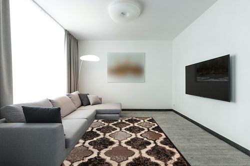 ‎A Chocolate ‎Modern ‎Stain Resistant ‎Area Rug in Modern Living Room with Grey Couch