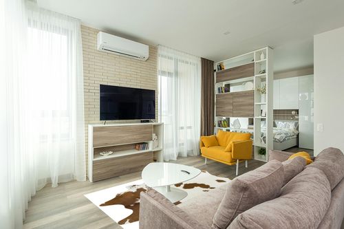 Brown & White Cowhide Area Rug Natural Premium Quality Cow Skin Hair On Leather Rug for Bedroom Décor 5ft x 7ft (60Inch x 84Inch, 152.4CM x 213.36CM) XX-Large in Light Modern Living Room with TV