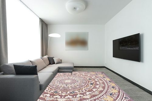 SAFAVIEH Paradise Collection Area Rug - 8' x 10', Purple & Cream, Medallion Viscose Design, Ideal for High Traffic Areas in Living Room, Bedroom (PAR644K) in Modern Living Room with Grey Couch