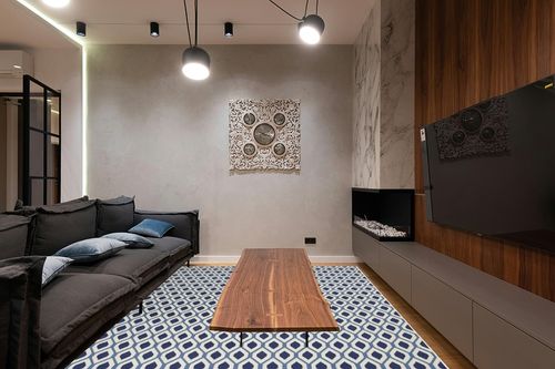 Nourison Grafix Mid-century White/Navy 7'10" x 9'10" Area -Rug, Easy -Cleaning, Non Shedding, Bed Room, Living Room, Dining Room, Kitchen (8x10) in Dark Wood Living Room with Black Couch