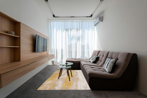 Alban Abstract Shag Gold/Beige Indoor Area Rug 17 Stories Rug Size: Rectangle 5' x 8' in Grey Living Room with Brown Couch