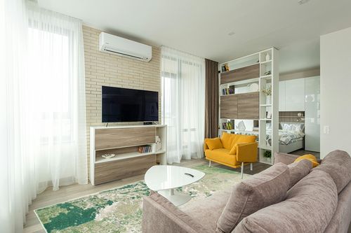 SAFAVIEH Madison Collection Area Rug - 8' x 10', Green & Ivory, Modern Abstract Design, Non-Shedding & Easy Care, Ideal for High Traffic Areas in Living Room, Bedroom (MAD499Y) in Light Modern Living Room with TV