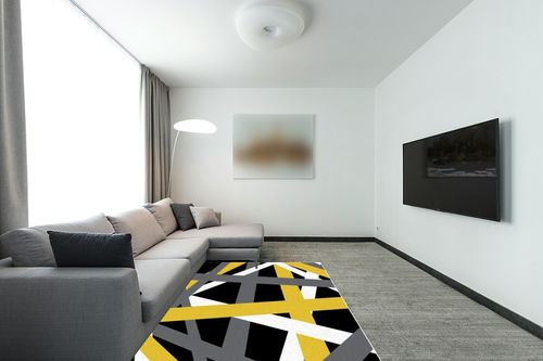 Large Area Rug, Yellow Black Grey Geometric Non-Slip Indoor Accent Area Carpet, Modern White Abstract Art Striped Fluffy Shaggy Runner Rug for Living Room, Bedroom, Kids Room, 5'x 7' in Modern Living Room with Grey Couch