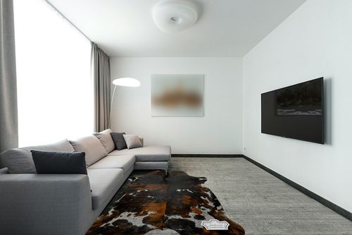 Appaloosa Cowhides Natural Cowhide Rug - Tricolor Cowhide Area Rug for Bedroom & Living Room - Luxury Cowhides Modern Accent Rug - Genuine Leather with Real Animal Fur, Dark, 5 x 7 Feet in Modern Living Room with Grey Couch
