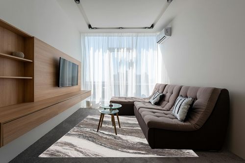 Blue Art Deco Stain Resistant Kitchen, Dining Room Area Rug in Grey Living Room with Brown Couch