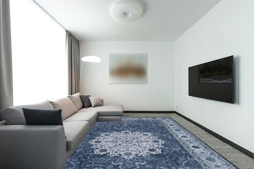 COZYLOOM 9x12 Large Area Rug Vintage for Living Room Retro Medallion Floor Cover Machine Washable Accent Rug Indoor Floral Distressed Carpet Non-Slip Thin Rug Low Pile Accent Rug Blue in Modern Living Room with Grey Couch