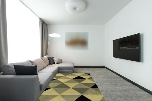 Well Woven Reita Green & Black Modern Geometric Triangle Boxes Beveled Pattern Area Rug 5x7 (5'3" x 7'3") in Modern Living Room with Grey Couch