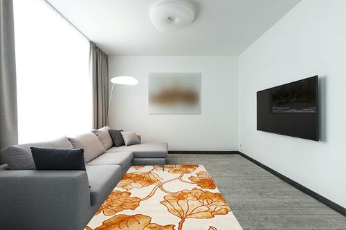 SAFAVIEH Dip Dye Collection 5' x 8' Ivory / Orange DDY683A Handmade Floral Watercolor Premium Wool Area Rug in Modern Living Room with Grey Couch