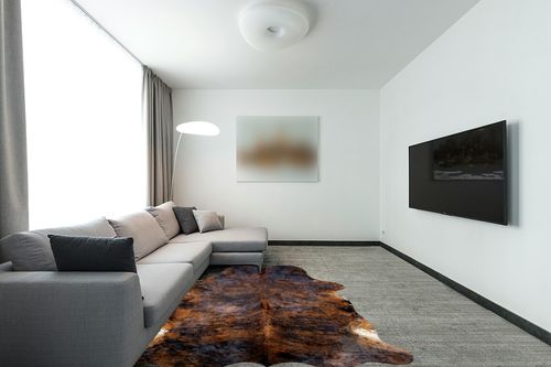 bonanza leathers Genuine Cowhide Rug Dark Brindle Size S/L/XL 5X6/6X7/7X8 FT (6x7) in Modern Living Room with Grey Couch