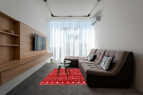 Antep Rugs Bohemian 5x7 Geometric Indoor Area Rug Phoenix, 5'3" x 7', Red in Grey Living Room with Brown Couch