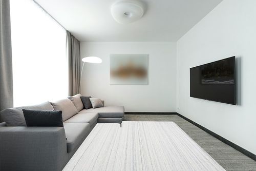 SAFAVIEH Kilim Collection Area Rug - 8' x 10', Beige & Light Grey, Handmade Flat Weave Wool, Ideal for High Traffic Areas in Living Room, Bedroom (KLM651B) in Modern Living Room with Grey Couch