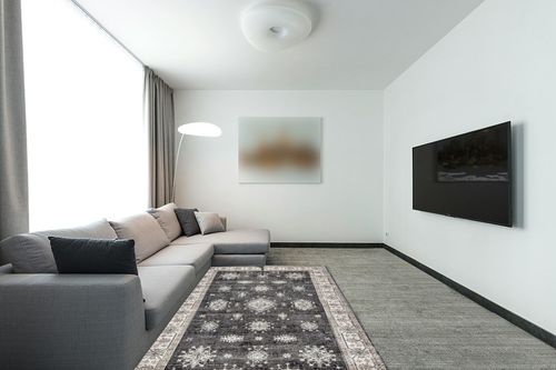nuLOOM Mollie Machine Washable Traditional Border Area Rug, 5x8, Charcoal in Modern Living Room with Grey Couch