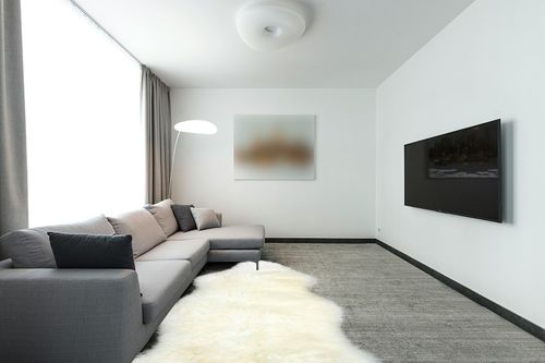 Genuine Sheepskin Rug Fur Natural Ivory White Sheep Skin 2 X 3 Approx, Australian Sheepskin Fur Rug in Modern Living Room with Grey Couch