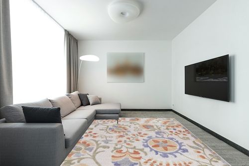 Nourison Aloha Indoor/Outdoor Ivory Blue 7'10" x 10'6" Area Rug, Easy Cleaning, Non Shedding, Bed Room, Living Room, Dining Room, Backyard, Deck, Patio (8x11) in Modern Living Room with Grey Couch