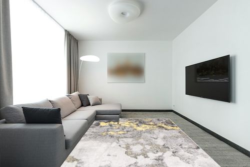 SAFAVIEH Adirondack Collection Area Rug - 8' x 10', Grey & Yellow, Modern Abstract Design, Non-Shedding & Easy Care, Ideal for High Traffic Areas in Living Room, Bedroom (ADR134H) in Modern Living Room with Grey Couch