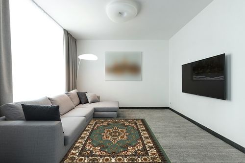 Antep Rugs Alfombras Oriental Traditional 5x7 Non-Skid (Non-Slip) Low Profile Pile Rubber Backing Indoor Area Rugs (Green, 5' x 7') in Modern Living Room with Grey Couch