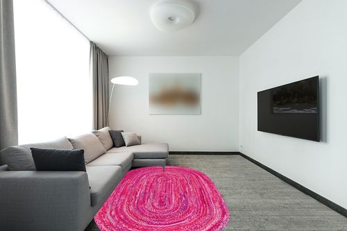 Safavieh Braided Collection Area Rug - 5' x 8' Oval, Pink & Fuchsia, Handmade Country Farmhouse Reversible Cotton, Ideal for High Traffic Areas in Living Room, Bedroom (BRD452U) in Modern Living Room with Grey Couch