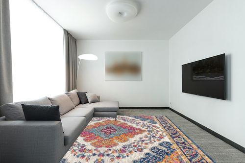 JONATHAN Y BMF106A-8 Bohemian Flair Boho Vintage Medallion Blue/Multi 8 ft. x 10 ft. Area-Rug, Vintage, Easy-Cleaning, for Bedroom, Kitchen, Living Room, Non Shedding in Modern Living Room with Grey Couch