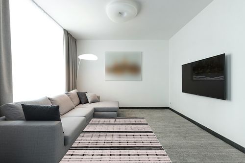 Safavieh Striped Kilim Collection Area Rug - 5' x 8', Beige & Black, Flat Weave Boho Tassel Fringe Cotton Design, Easy Care, Ideal for High Traffic Areas in Living Room, Bedroom (STK206B) in Modern Living Room with Grey Couch