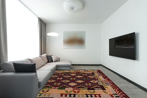 SAFAVIEH Aspen Collection Area Rug - 8' x 10', Red & Yellow, Handmade Boho Tribal Southwestern Wool, Ideal for High Traffic Areas in Living Room, Bedroom (APN404Q) in Modern Living Room with Grey Couch