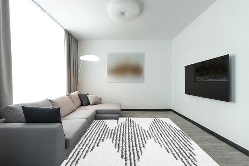 JONATHAN Y MOH408A-8 Elm Diamond Stripe Geometric Shag Indoor Area-Rug Bohemian Contemporary Glam Easy-Cleaning Bedroom Kitchen Living Room Non Shedding, 8 X 10, White/Black in Modern Living Room with Grey Couch