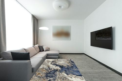 Blue Contemporary Fade Resistant Living Room Area Rug in Modern Living Room with Grey Couch