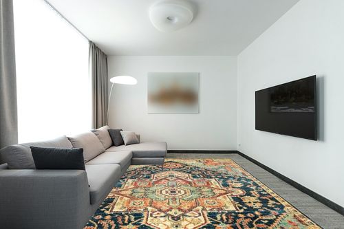 nuLOOM Tabetha Tribal Medallion Area Rug, 8' 10" x 12', Green in Modern Living Room with Grey Couch