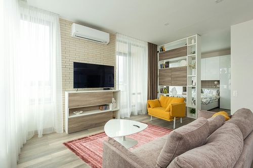 Lahome Modern Abstract Area Rug, Washable 5x7 Bedroom Area Rugs Girls for Living Room Dining Room Soft Stain Resisitant Minimalist Bordered Solid Large Entryway Floor Carpet, Pink in Light Modern Living Room with TV