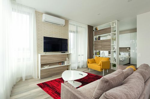 Antep Rugs Abstract 5x7 Modern Indoor Area Rug Amg045 (Red, 5'3" x 7') in Light Modern Living Room with TV