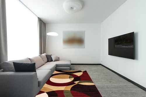 Well Woven Dulcet Bingo Red Modern Geometric (5'3" x 7'3") Area Rug in Modern Living Room with Grey Couch
