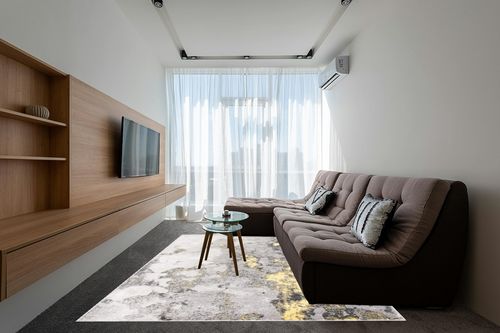 SAFAVIEH Adirondack Collection Area Rug - 8' x 10', Grey & Yellow, Modern Abstract Design, Non-Shedding & Easy Care, Ideal for High Traffic Areas in Living Room, Bedroom (ADR134H) in Grey Living Room with Brown Couch