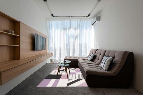 SAFAVIEH Hollywood Collection Area Rug - 5'3" x 7'6", Ivory & Purple, Mid-Century Modern Design, Non-Shedding & Easy Care, Ideal for High Traffic Areas in Living Room, Bedroom, Dining (HLW709D-5) in Grey Living Room with Brown Couch