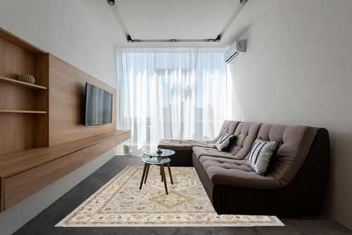 SAFAVIEH Aspen Collection Area Rug - 8' x 10', Moss & Ivory, Handmade Traditional Wool, Ideal for High Traffic Areas in Living Room, Bedroom (APN601W) in Grey Living Room with Brown Couch