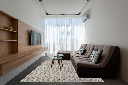 JONATHAN Y SMB108E-8 Ourika Moroccan Geometric Textured Weave Indoor Outdoor Area Rug, Bohemian, Rustic, Scandinavian Easy Clean,Bedroom,Kitchen,Backyard,Patio, Non-Shed, Light Gray/Black, 8 X 10 in Grey Living Room with Brown Couch