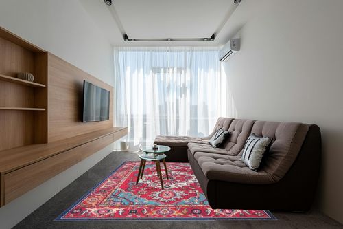 SAFAVIEH Monaco Collection Area Rug - 8' x 10', Red & Turquoise, Boho Oriental Medallion Design, Non-Shedding & Easy Care, Ideal for High Traffic Areas in Living Room, Bedroom (MNC207C) in Grey Living Room with Brown Couch