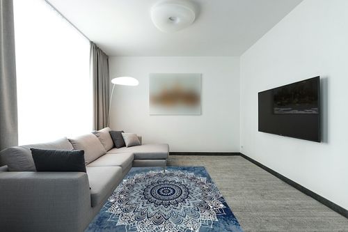 Mandala Area Rugs, 5x8ft, Vintage Bohemian Mandala Ethnic Style Area Carpet Modern Blue and White Print Pattern Floor Mats for Indoor Outdoor Living Room Bedroom Yoga Room Balcony Aesthetic Decoration in Modern Living Room with Grey Couch