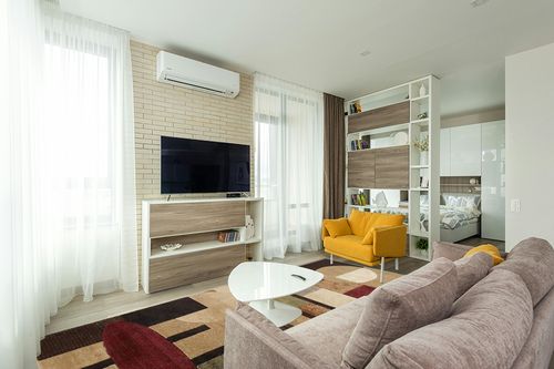 Home Dynamix Tribeca Jasmine Modern Area Rug, Abstract Brown/Green 7'10"x10'6" in Light Modern Living Room with TV