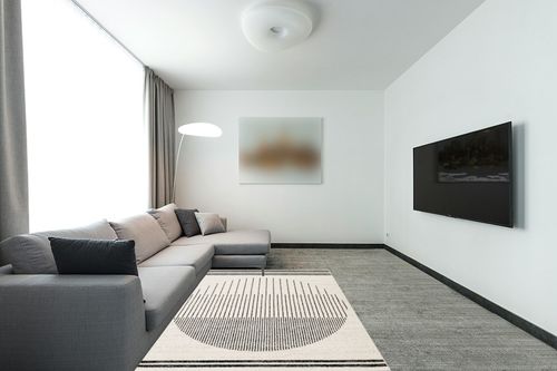 Artistic Weavers Jimina Black/Ivory 5 ft. x 7 ft. Indoor Area Rug in Modern Living Room with Grey Couch