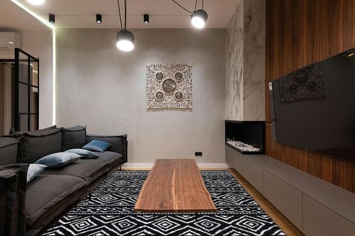 SAFAVIEH Tulum Collection Area Rug - 8' x 10', Black & Ivory, Moroccan Boho Distressed Design, Non-Shedding & Easy Care, Ideal for High Traffic Areas in Living Room, Bedroom (TUL267Z) in Dark Wood Living Room with Black Couch