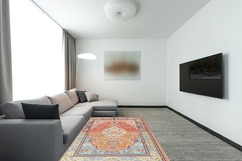 Yancorp 5'x7' Boho Area Rug for Bedroom Washable Rug Vintage Carpet Living Room Non Slip Hallway Runner Rug Indoor Floor Mats Colorful Entryway Rugs,Blue Orange Red Rug in Modern Living Room with Grey Couch