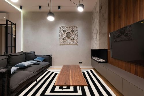 Abani Contemporary Black & Ivory 7'9" x 10'2" Area Rug, Contrasting Geometric Modern Stripe Symmetrical Living Room Carpet Rugs in Dark Wood Living Room with Black Couch