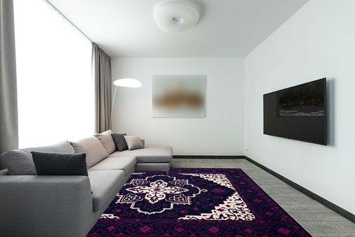 SAFAVIEH Bellagio Collection 8' x 10' Purple / Ivory BLG597A Handmade Medallion Premium Wool Area Rug in Modern Living Room with Grey Couch