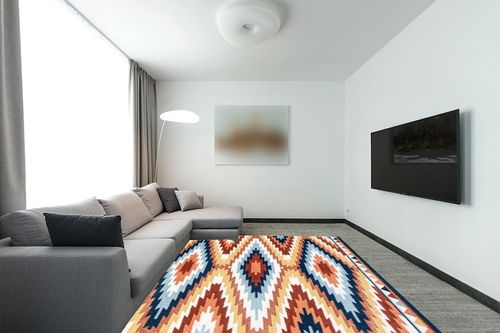 JONATHAN Y SWC101A-8 Konya Diamond Kilim Geometric Indoor Area Rug, Southwestern, Geometric, Bohemian, Bedroom, Kitchen, Living Room, Easy-Cleaning, Non-Shedding, 8 X 10, Yellow/Red/Blue in Modern Living Room with Grey Couch