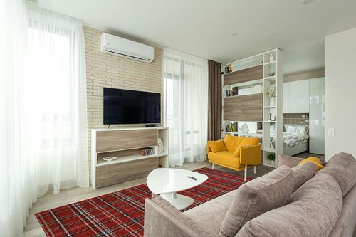 Nourison Grafix Red 7'10" x 9'10" Area -Rug, Modern, Plaid, Bed Room, Living Room, Dining Room, Kitchen, Easy -Cleaning, Non Shedding, (8' x 10') in Light Modern Living Room with TV