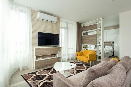 ‎A Chocolate ‎Modern ‎Stain Resistant ‎Area Rug in Light Modern Living Room with TV