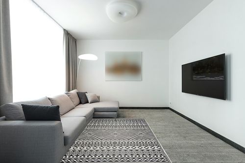 Beverly Rug Aztec Outdoor Rugs in Modern Living Room with Grey Couch