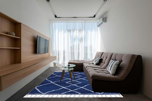 SUPERIOR Indoor Shag Area Rug with Tassels, Perfect for Bedroom, Kitchen, Laundry Room, Entryway, Office, Playroom, Fluffy Carpet Cover, Modern Boho Geometric Diamonds, 8' x 10', Cream-Blue in Grey Living Room with Brown Couch