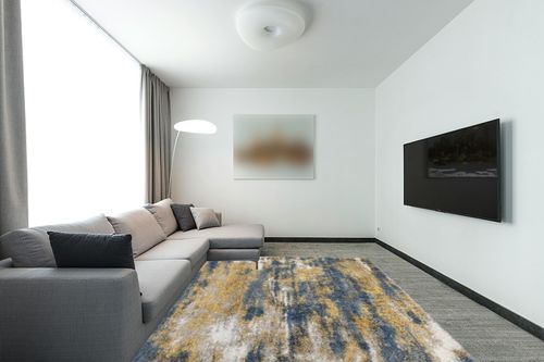 Shag Madison Blue/Gold Rug 17 Stories Rug Size: Rectangle 7'10" x 10' in Modern Living Room with Grey Couch